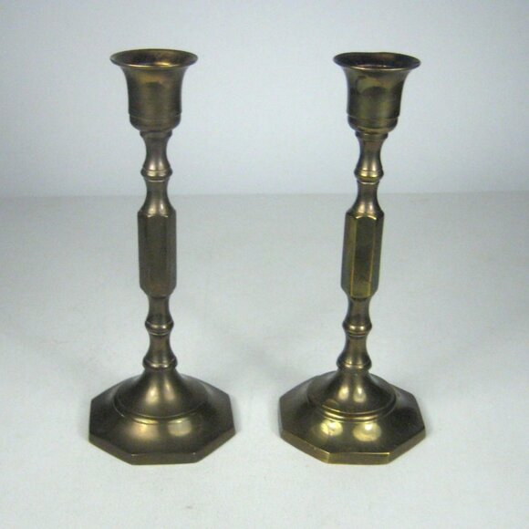 Vintage Brass Candlestick Set 2 Hexagonal Base - Picture 1 of 12
